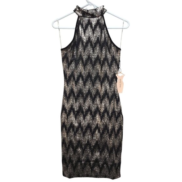 Chevron Print Bodycon Mini Dress Halter Neck Keyhole Back Haute Black Silver M - Picture 10 of 10